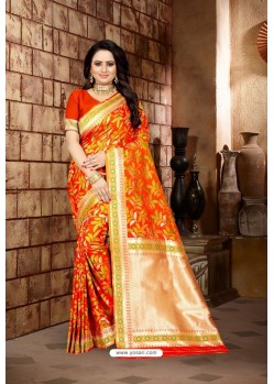 Orange Party Wear Banarasi Silk Saree