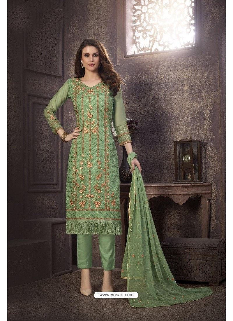Buy Green Heavy Designer Embroidered Organza Straight Suit | Straight ...
