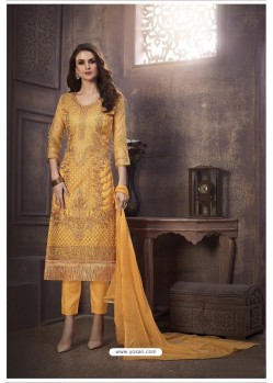 Yellow Heavy Designer Embroidered Organza Straight Suit