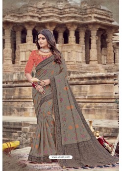 Dark Grey Heavy Designer Chanderi Silk Saree