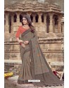 Dark Grey Heavy Designer Chanderi Silk Saree