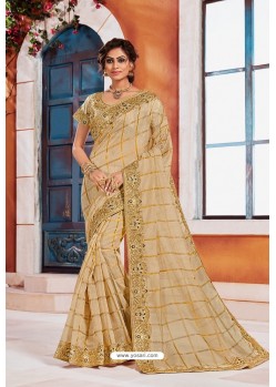 Beauteous Golden Heavy Embroidered Designer Jute Silk Saree