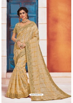 Desirable Golden Heavy Embroidered Designer Jute Silk Saree