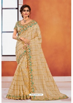 Excellent Gold Heavy Embroidered Designer Jute Silk Saree