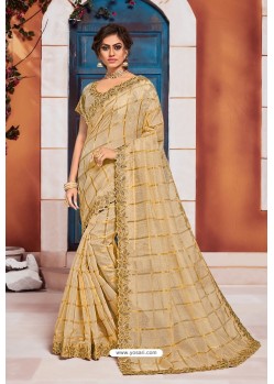 Glamorous Golden Heavy Embroidered Designer Jute Silk Saree