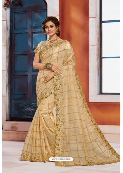 Awesome Golden Heavy Embroidered Designer Jute Silk Saree