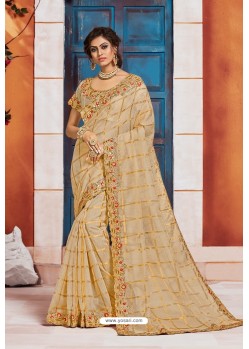 Modern Golden Heavy Embroidered Designer Jute Silk Saree