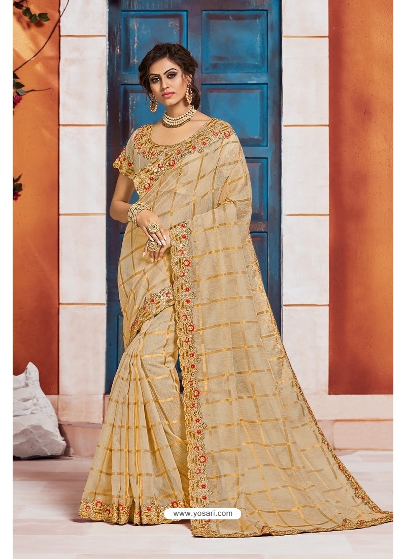 Buy Golden Ready-To-Wear Embroidered Saree Gown In Gold Foil Fabric
