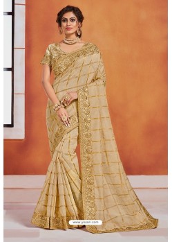 Flawless Golden Heavy Embroidered Designer Jute Silk Saree