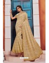 Pleasing Golden Heavy Embroidered Designer Jute Silk Saree