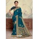 Teal Blue Designer Party Wear Poly Silk Saree