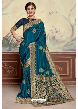 Teal Blue Designer Party Wear Poly Silk Saree