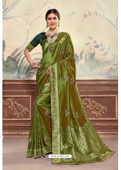 Forest Green Designer Party Wear Poly Silk Saree