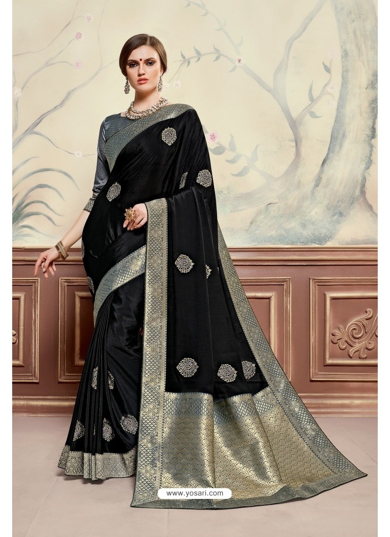 Party Wear Sarees With Designer Contrast Blouses- Ready Plated- Black Grey  Colour | Grey Contrast Colour | 3d-mon.com