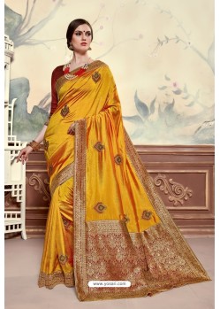 Elegant Mustard Designer Party Wear Poly Silk Saree