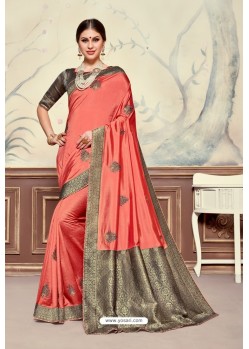 Light Red Designer Party Wear Poly Silk Saree