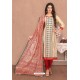 Cream And Red Designer Banarasi Chanderi Silk Suit