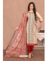 Cream And Red Designer Banarasi Chanderi Silk Suit