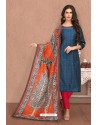 Tealblue And Red Designer Banarasi Chanderi Silk Suit