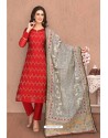 Red Designer Thread Worked Chanderi Silk Suit