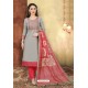 Grey And Pink Digital Printed Designer Chanderi Silk Suit