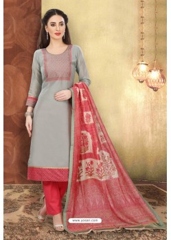 Grey And Pink Digital Printed Designer Chanderi Silk Suit