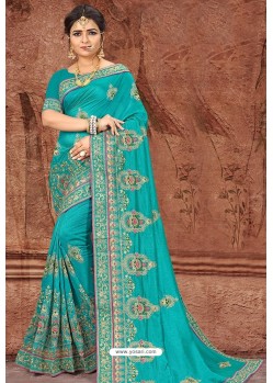 Turquoise Party Wear Designer Silk Saree