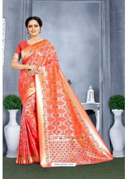 Light Red Designer Banarasi Silk Saree