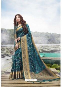 Teal Blue Festive Wear Designer Jacquard Silk Saree