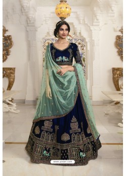 Navy Blue Velvet Designer Lehenga Choli