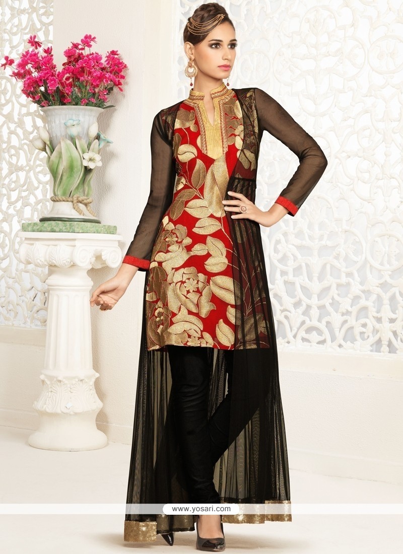 Tempting Embroidered Work Black And Red Georgette Salwar Suit