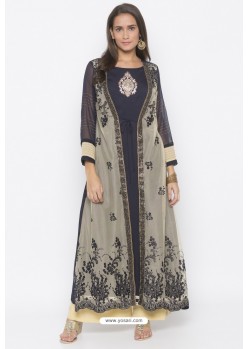 Beige And Navy Designer Net Party Wear Kurti