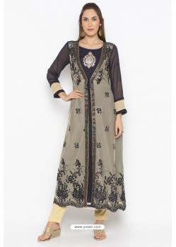 Fashionable Beige And Navy Net Party Wear Kurti