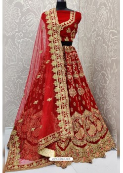 Red Designer Velvet Wedding Wear Lehenga Choli