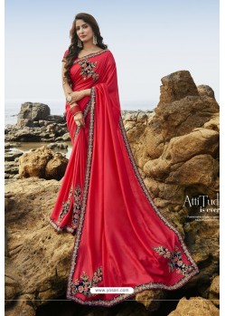 Crimson Party Wear Soft Art Silk Saree