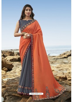 Orange And Grey Party Wear Soft Art Silk Saree