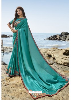 Turquoise Blue Party Wear Soft Art Silk Saree