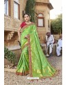 Parrot Green Designer Satin Jacquard Silk Saree