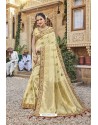 Cream Designer Satin Jacquard Silk Saree