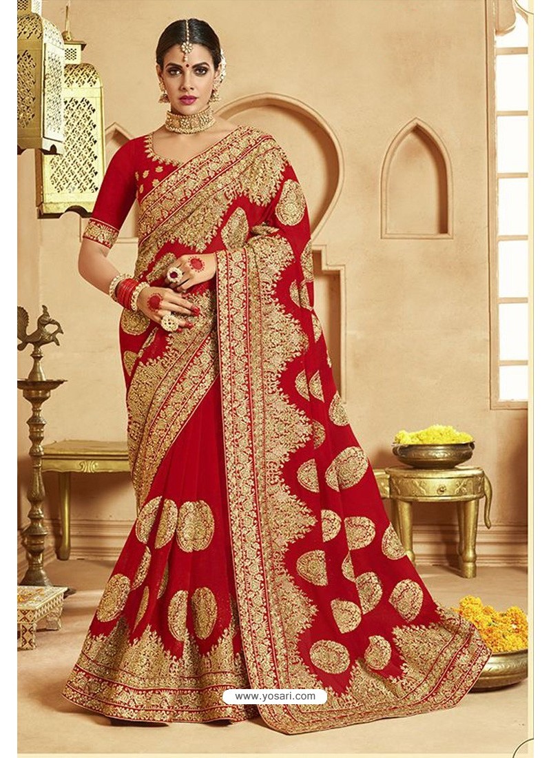 Buy Online Red Faux Georgette Heavy Hand Work Embroidery Bridal/Wedding  Wear Sto – Lady India