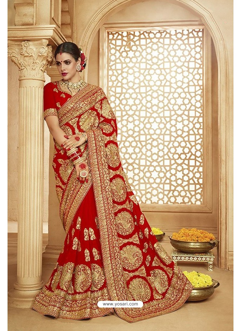 Buy Girlish Red Heavy Designer Georgette Bridal Saree | Bridal Sarees