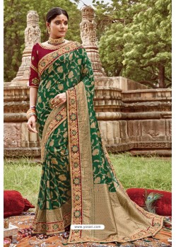 Dark Green Classic Wear Jacquard Silk Designer Saree
