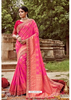 Hot Pink Classic Wear Jacquard Silk Designer Saree