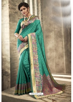 Dark Green Designer Party Wear Jacquard Silk Saree