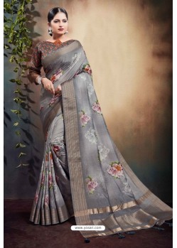 Grey Span Cotton Digital Printed Party Wear Saree