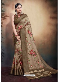 Light Brown Span Cotton Digital Printed Party Wear Saree