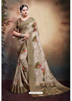 Light Beige Span Cotton Digital Printed Party Wear Saree