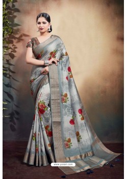 Light Grey Span Cotton Digital Printed Party Wear Saree