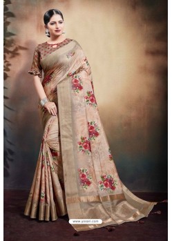 Beige Span Cotton Digital Printed Party Wear Saree