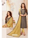 Dark Grey And Yellow Soft Silk Churidar Suit